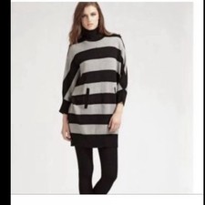 Tory Burch Merino Wool Sweater Dress L Black Gray Stripe Pockets Dolman Sleeves