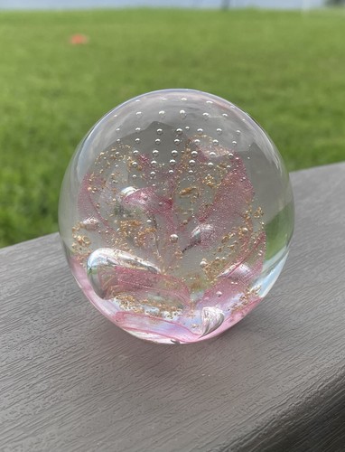 LOVELY Art Glass Paperweight Pink Flower Swirl With Bubbles - Picture 2 of 7