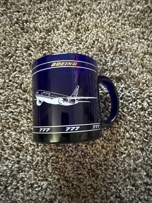 Boeing 777 Triple Seven Airplane Cobalt Blue Gold Coffee Cocoa Cup Mug Vtg Lion
