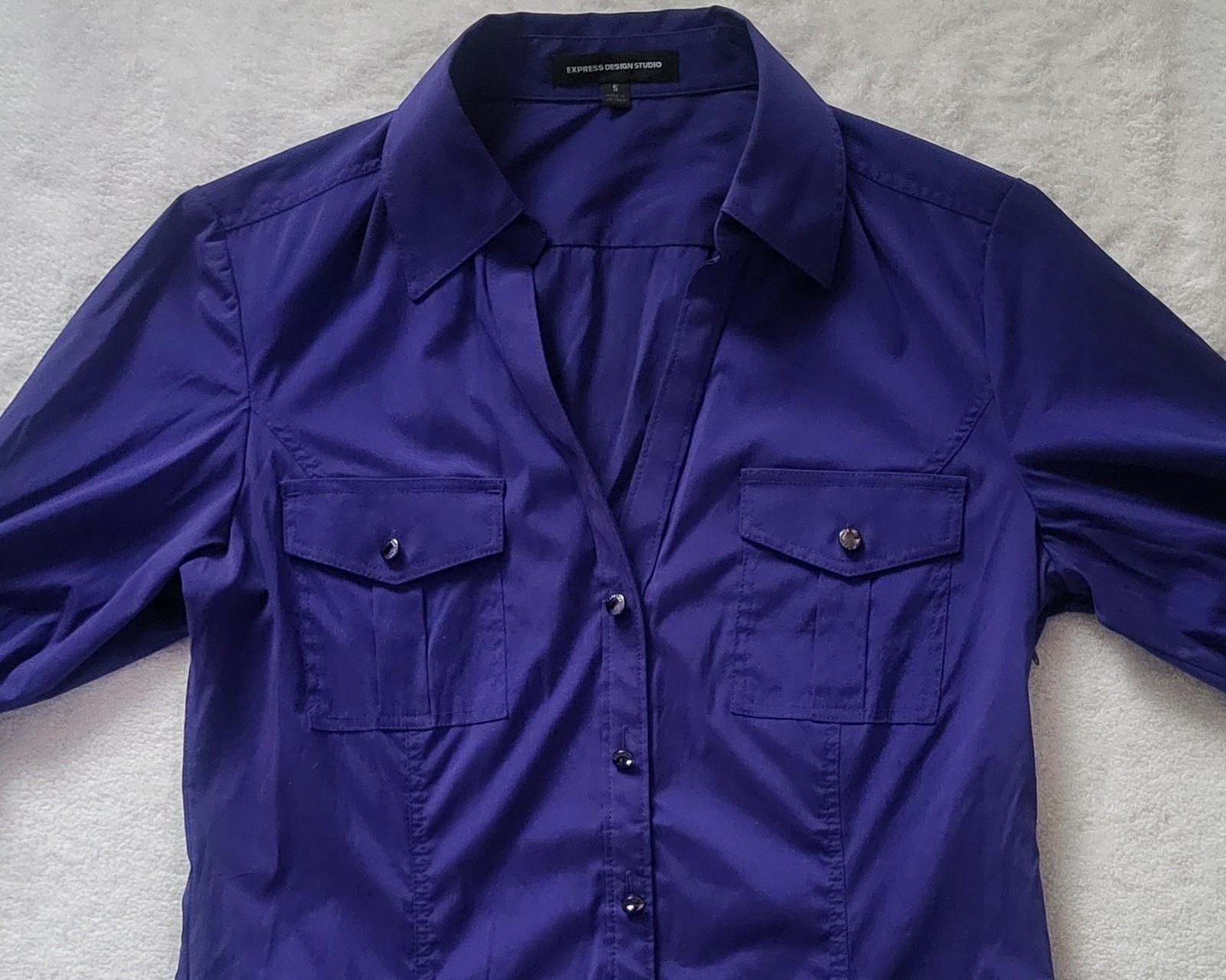 Express Design Studio Blouse Women's S Purple Button Down Roll-Tab Sleeve