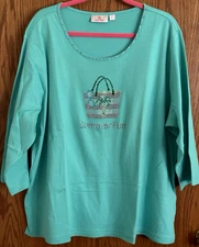 Quacker Factory Green Pullover Top Summer Fun Sequins 3/4 Sleeves Women's Sz 3X