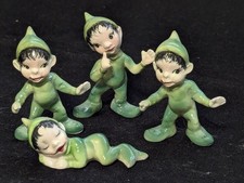 Vtg Bradley Pixie Elf Bone China Set of 4 Elves Pixies Fairies Green 2" Xmas