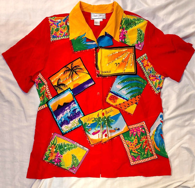 Diane Gilman Womens Shirt Blouse 1X Red Silk Sheer Art Fun Hawaii Vintage