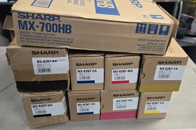 Genuine Sharp MX-62NT-B Y M C Toner Sets 2 Full Sets Plus Waste Toner Box
