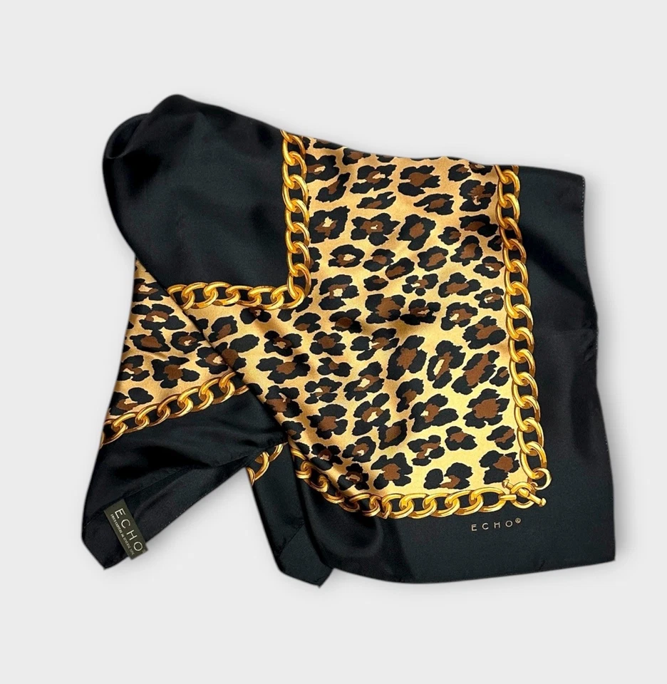 Bufanda cuadrada de seda Eco negra dorada animal estampado de leopardo borde de cadena Japón Foto 4 de 4
