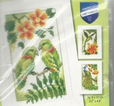 EXOTIC BIRDS--3 Designs--Peacock--Parakeets--Flowers--Counted Cross Stitch KIT