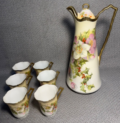 Prussia Royal Rudolstadt Christmas Holly & Roses Chocolate Tea Pot & 6 Cups Set