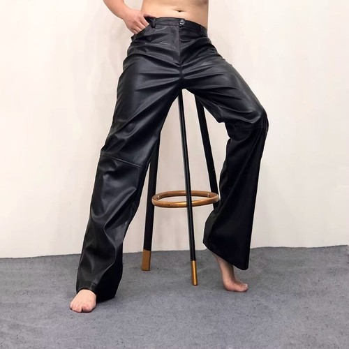 Men Classic Faux Leather Straight Leg Pants Punk Trousers Night Club Fashion New - Picture 18 of 24