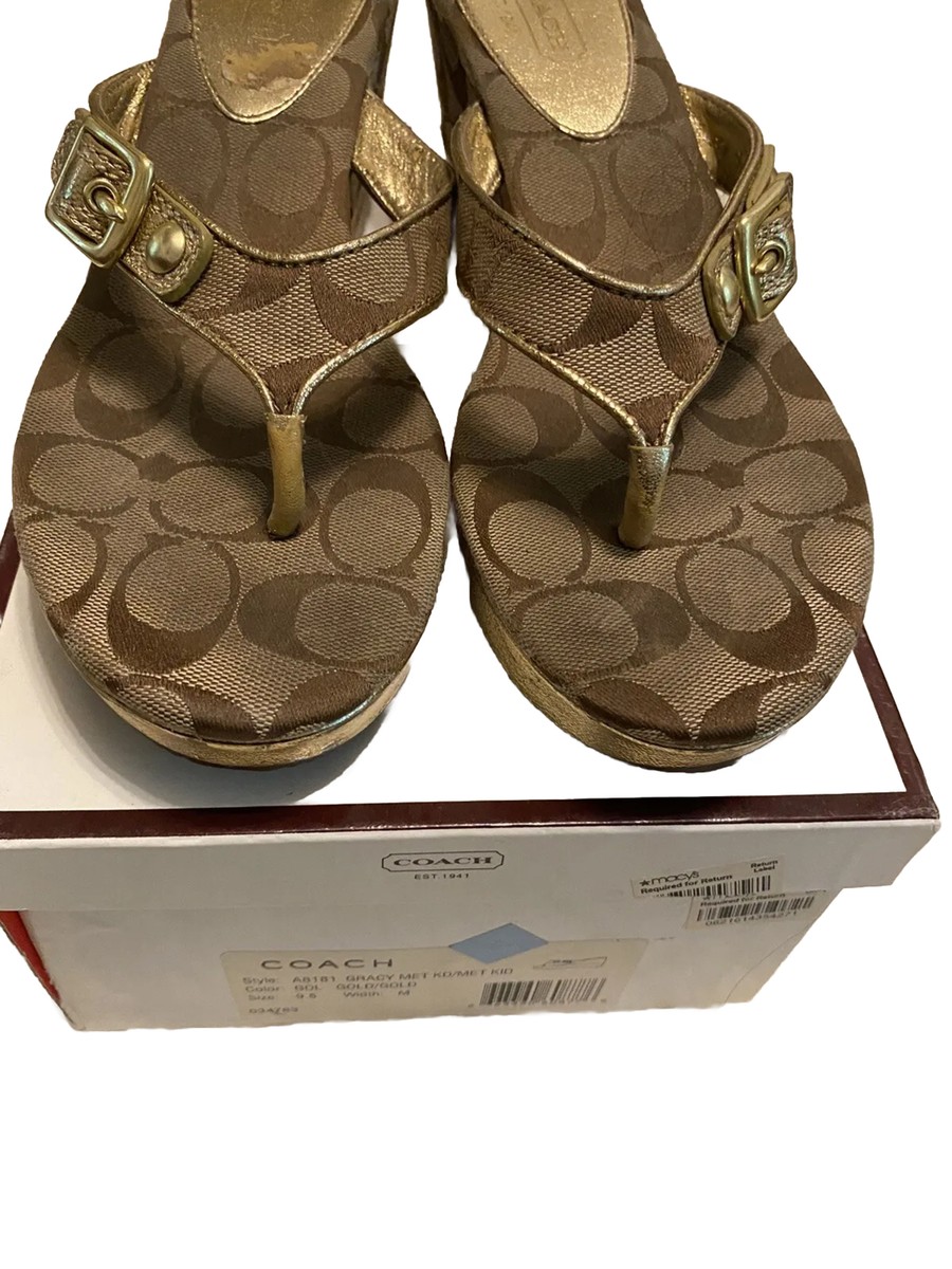 COACH GRACY SIGNATURE LOGO THONG WEDGE SANDALS TAN w/GOLD