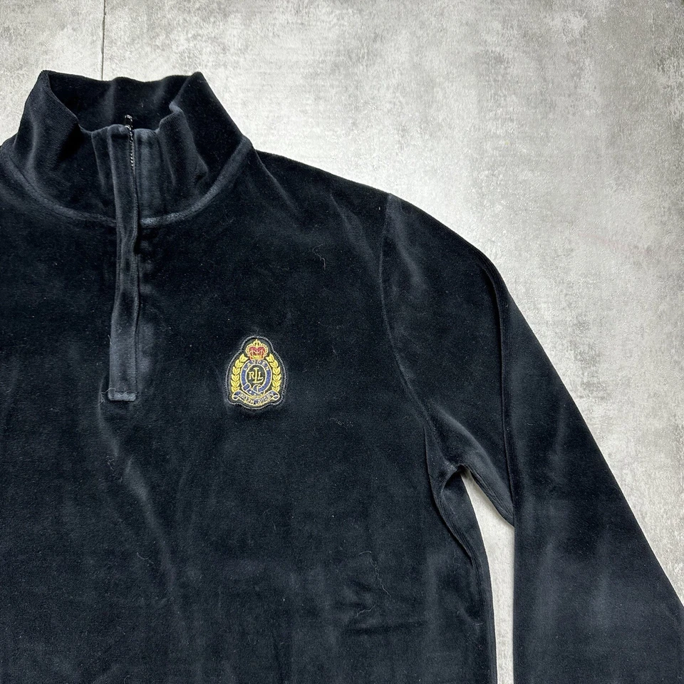 Vintage Lauren Ralph Lauren Velour 1/4 Cremallera Chaqueta Sudadera Talla Mediana Cresta Foto 3 de 4