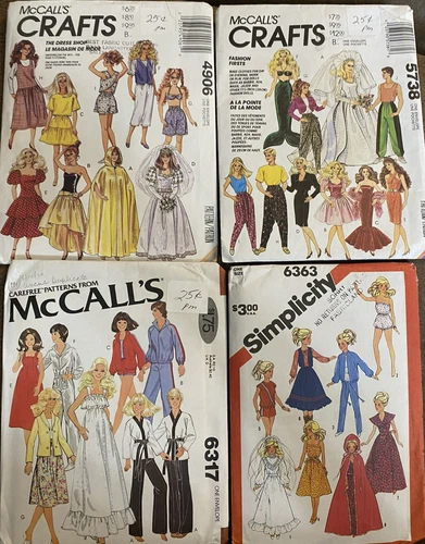 4 Barbie & Ken Doll Clothes Patterns Vintage '79-92 Gowns Dresses Sports Wear