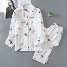 Autumn Women Gauze Cotton Long Sleeves Pajamas Set Casual Nightwear Homewear