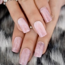 24 Medium Press on Nails kit glue on pink marble square white rose quartz
