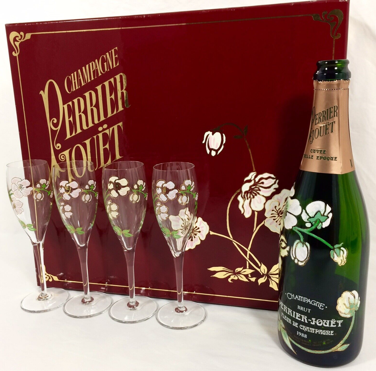 1988 Perrier Jouet Belle Epoque 4 Champagne Flutes & Floral 1988 Perrier Jouet Belle Epoque 4 Champagne Flutes & Floral