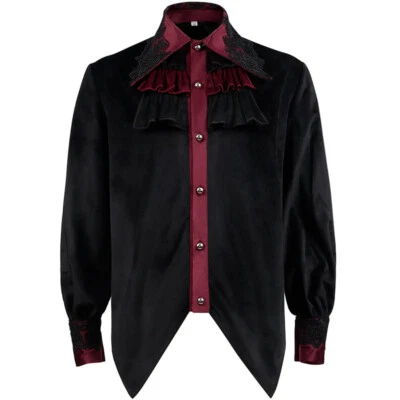Herren Spitze Samt Hemd Viktorianisch Steampunk Gothic Knöpfe Rüschen Schwarz - Bild 1 von 4