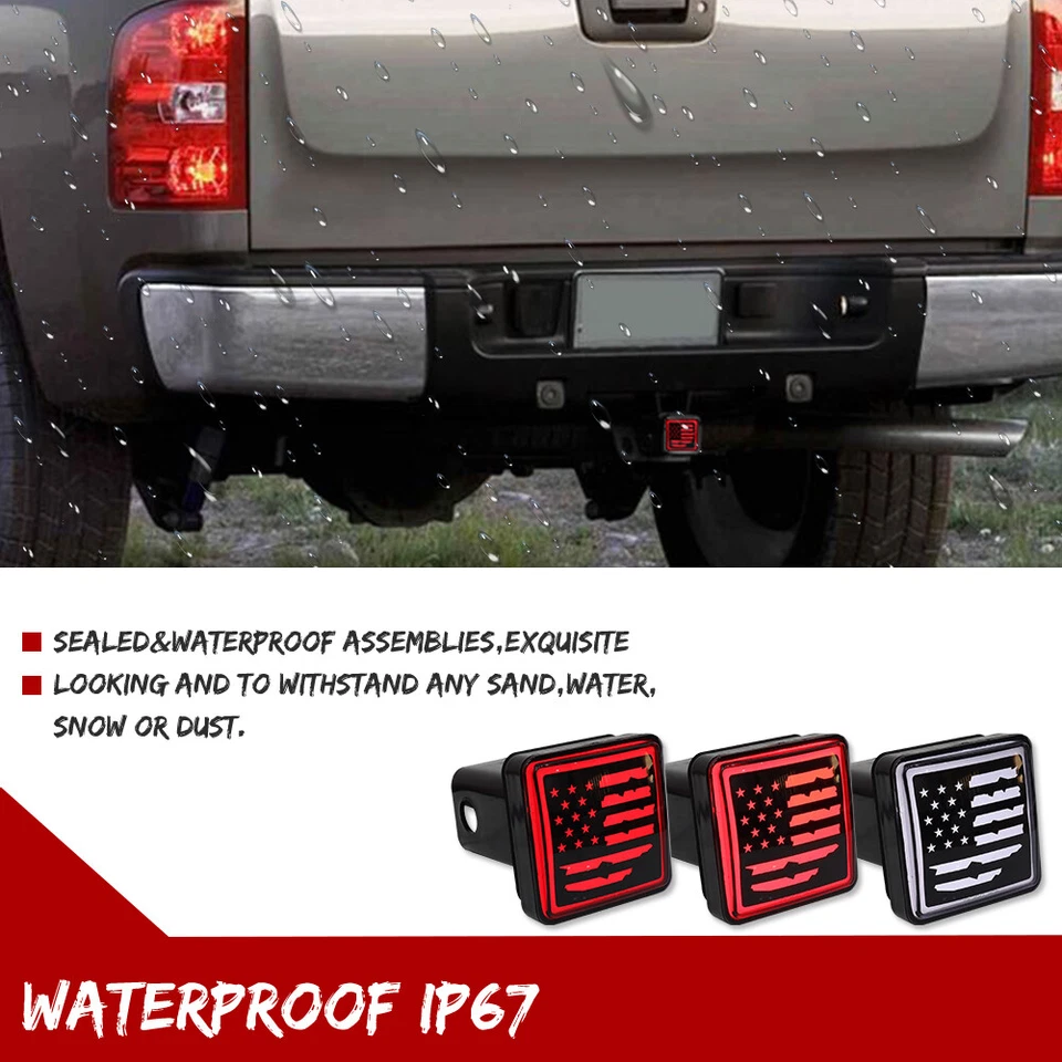Bandera de Estados Unidos - Luz de freno LED ahumada DRL remolque enganche cubierta apta para remolque y transporte de 2" Foto 4 de 4