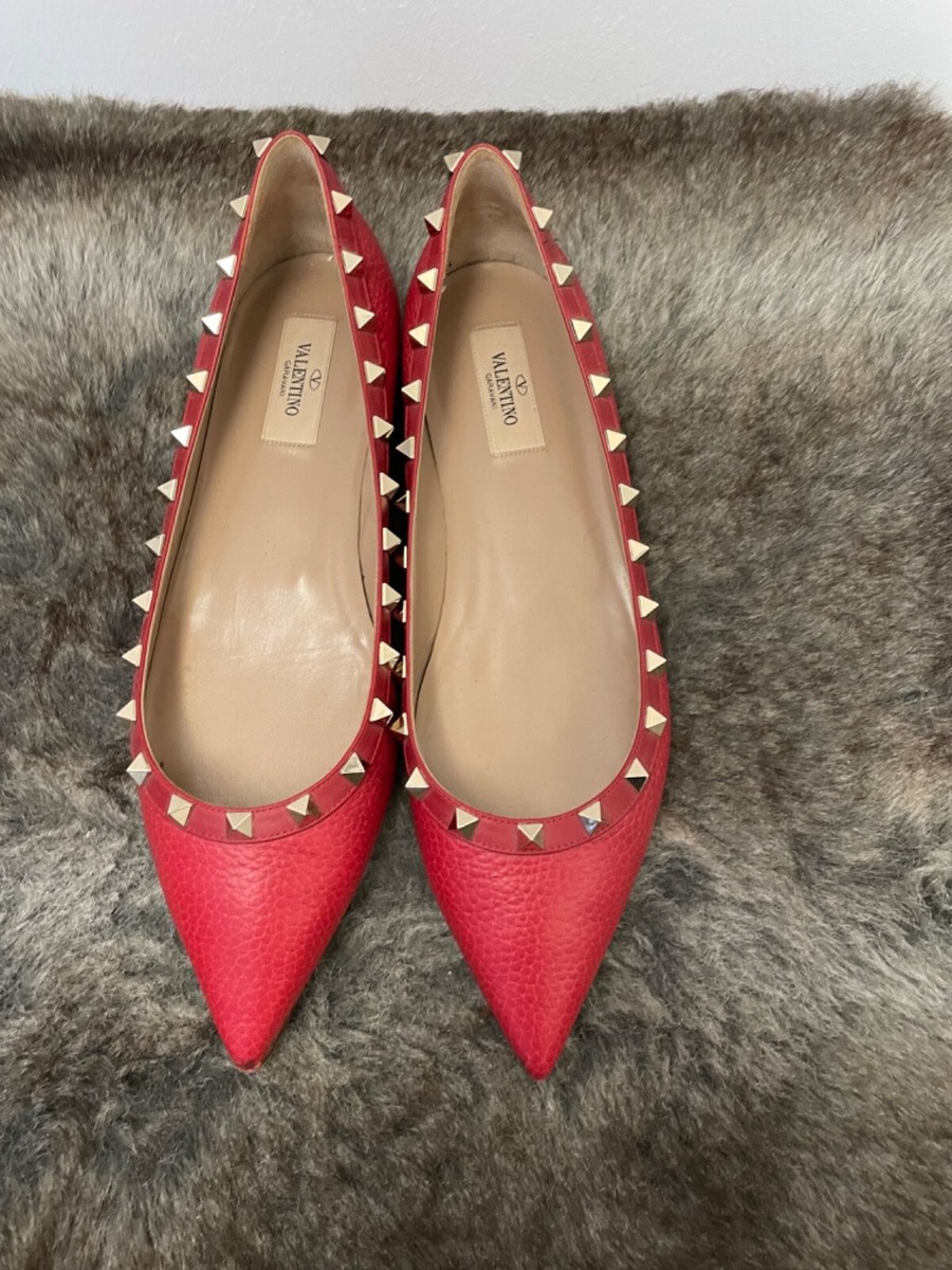 VALENTINO ROCKSTUD BALLERINAS SCHUHE PUMPS ROT GOLDFARBENE NIETEN GR 40