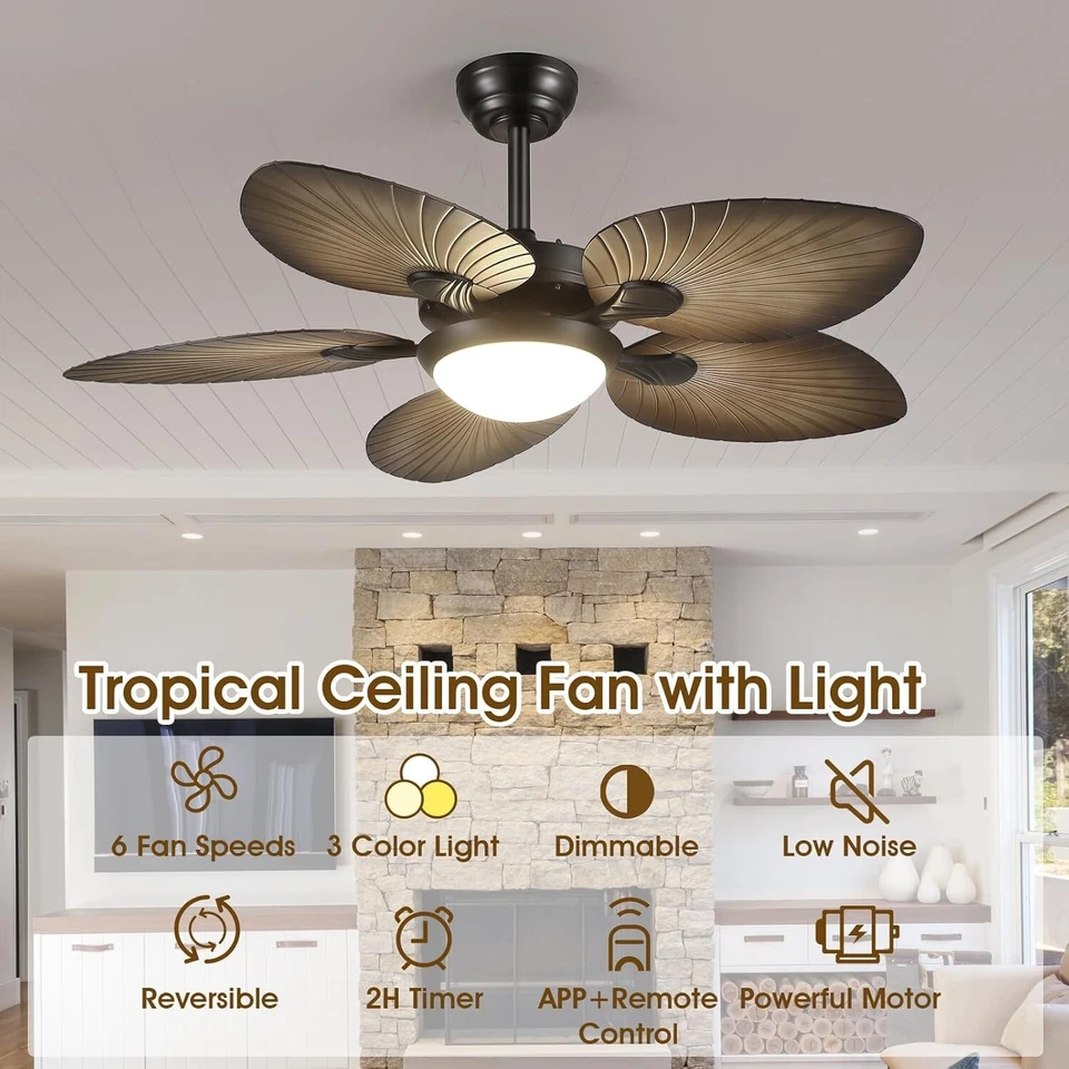 44" Tropical Palm Leaf Ceiling Fan with LED Lights Remote/APP Control - Image 2 of 4