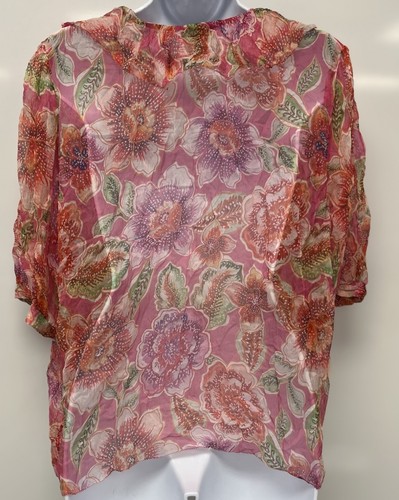 Johnny Was Marcia Silk Sheer Floral Ruffle Top Blouse Cottagecore Boxy Fit (XL) - Picture 3 of 15