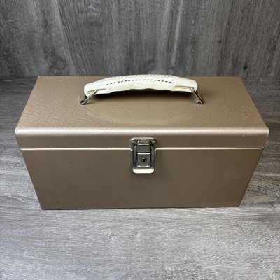 Vintage Cash Change Metal Box Storage No Key Brown Tan Nice Shape Decor 11.5 x6 