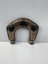 Vintage Western Horseshoe Belt Buckle Antique Gold Black Rhinestone Engraved