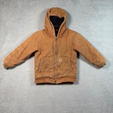 Carhartt Youth Brown Duck Canvas Quilted Lined Hooded Work Jacket Boys Small 7-8
