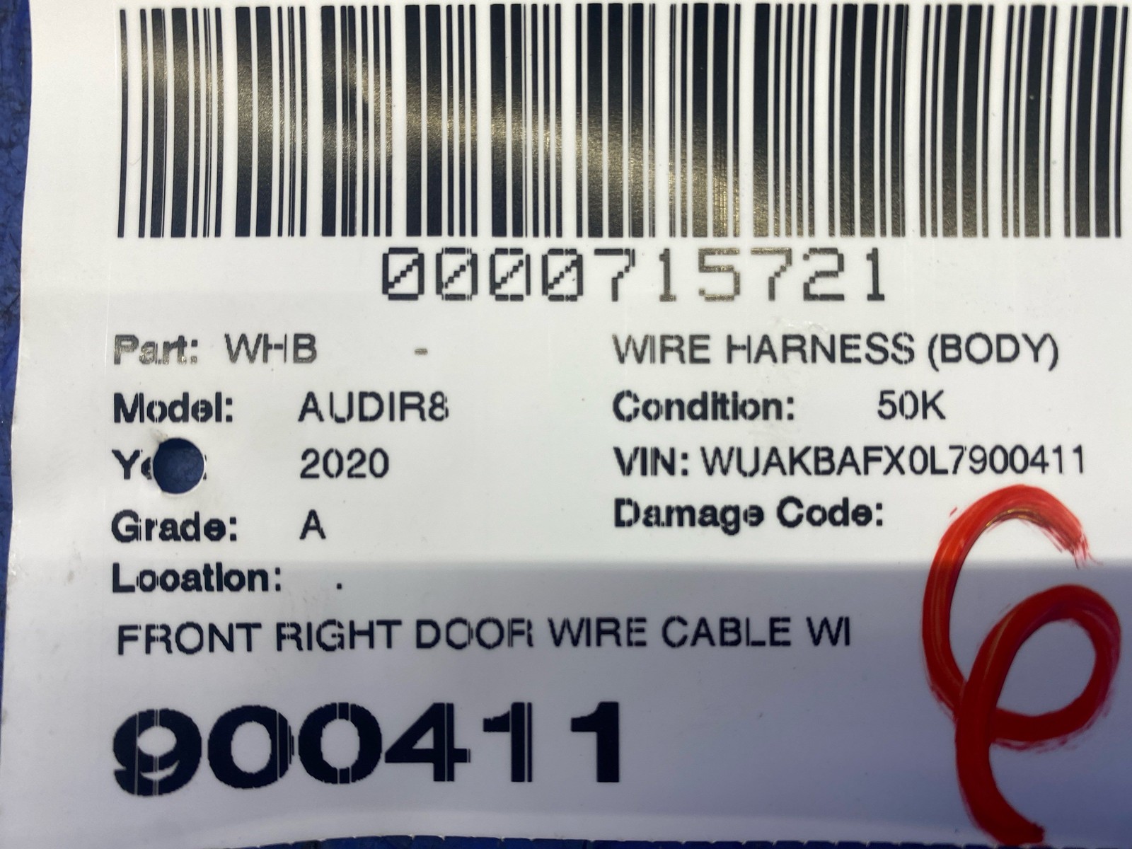 2018-2023 AUDI R8 FRONT RIGHT DOOR WIRE CABLE WIRING HARNESS 4S8971030J OEM