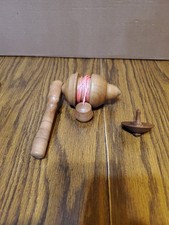 2 Wooden Spinning Tops Hand Made Handle and Rope On Big One