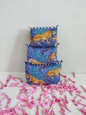 Indian Blue Tiger Cotton Quilted Toiletry Purse Cosmetic Storage Bag Of 3 Pc US