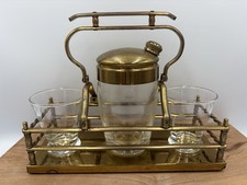 Vintage Barware Cocktail Shaker 2 Glasses In Gold Brass Carrier Polka Dot Etch