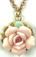 Necklace Rose Gold Tone Pink Flowering Rose on 18" Cable Chain