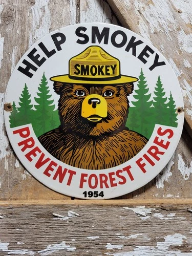 VINTAGE SMOKEY BEAR PORCELAIN SIGN OLD FOREST SERVICE 1954 NATIONAL PARK FIRE