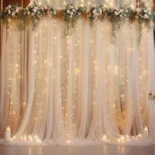 10 10ft Champagne Tulle Backdrop Curtain with Lights String for Parites, Shee...