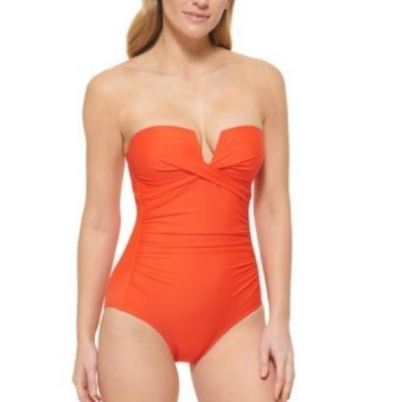 CALVIN KLEIN Women's Split-Neck Bandeau Removable-Strap Tummy-Control  Swimsuit thumbnail 6
