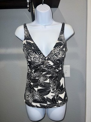 Cache Floral Black And White Fitted Ruched Tank Top - 1J