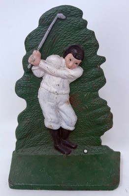 Vintage Golf Hand Painted Cast Iron Golfer Door Stop or Bookend