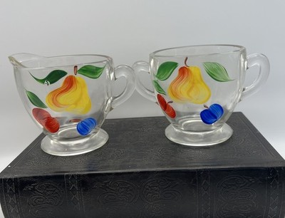 Vintage Bartlett Collins Cream & Sugar Bowl Set Clear Glass Orchard Pear Pattern