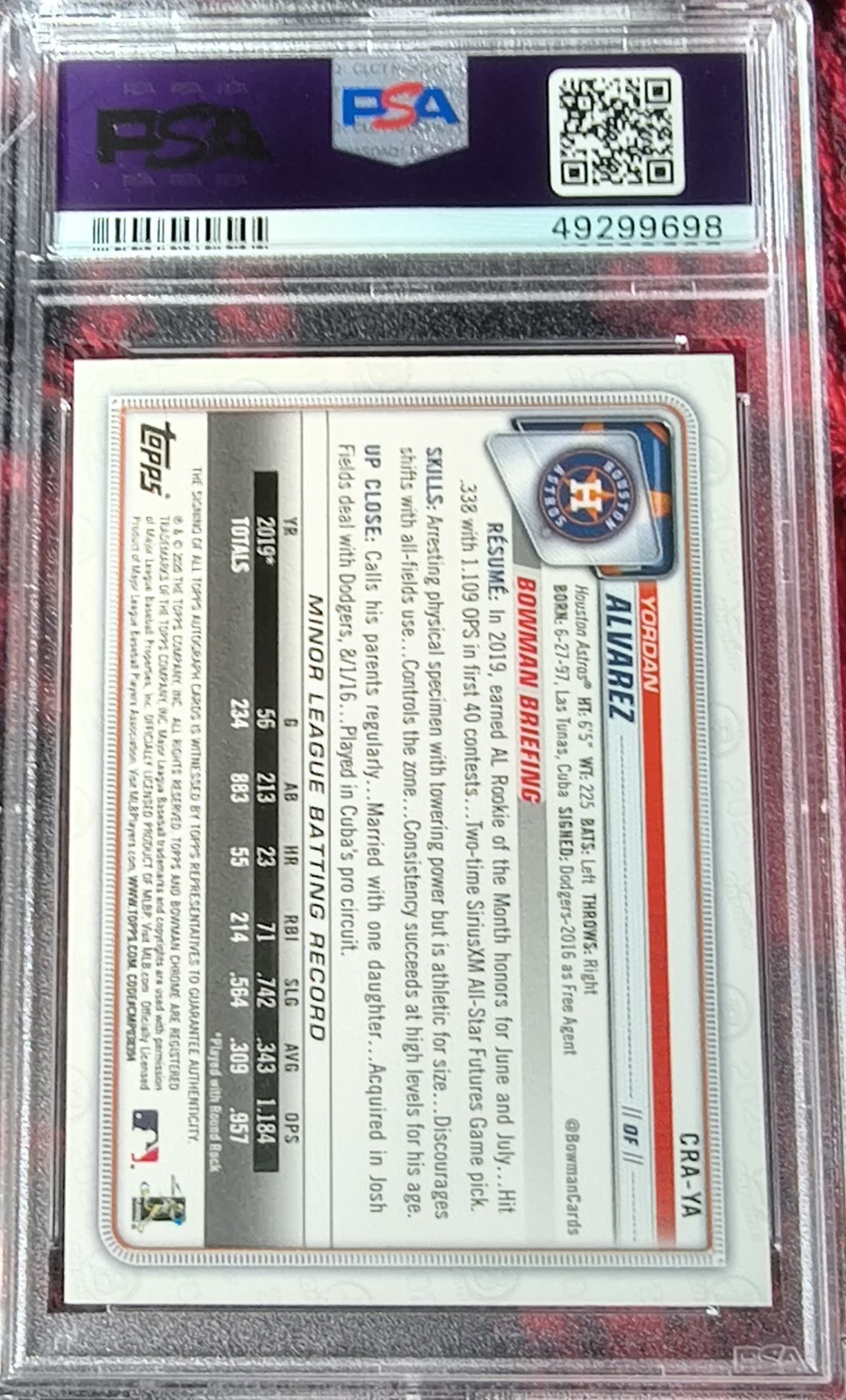 2020 Bowman Chrome Rookie Autographs Yordan Alvarez Atomic Refractor /100 PSA view 4