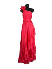 Mac Duggal 8 NWT One Shoulder Hot Pink Chiffon Ruffle Maxi Gown Lace Up 'Cherry'