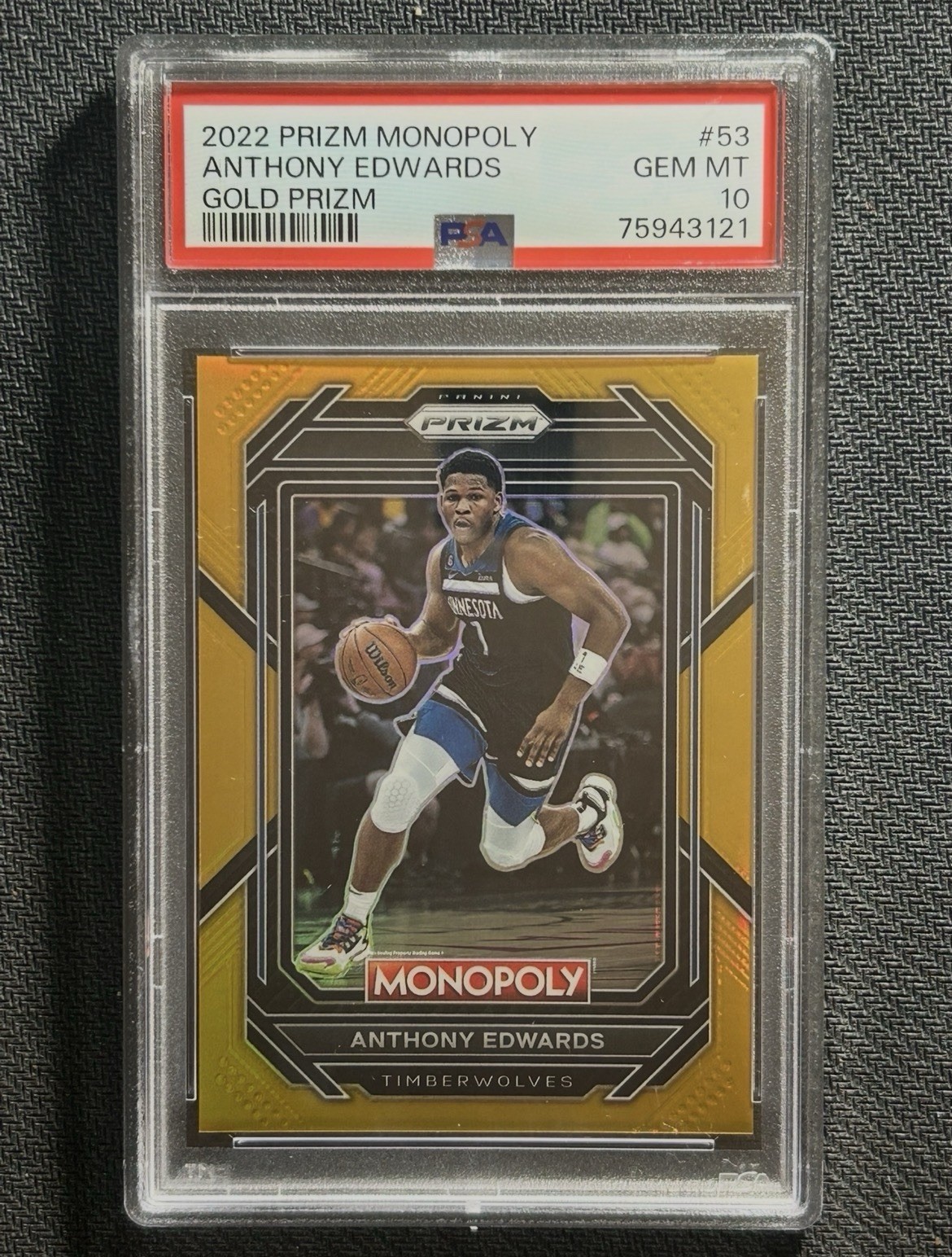 2022-23 Panini Prizm 1st Year Monopoly Anthony Edwards True Gold /49 PSA 10 #53
