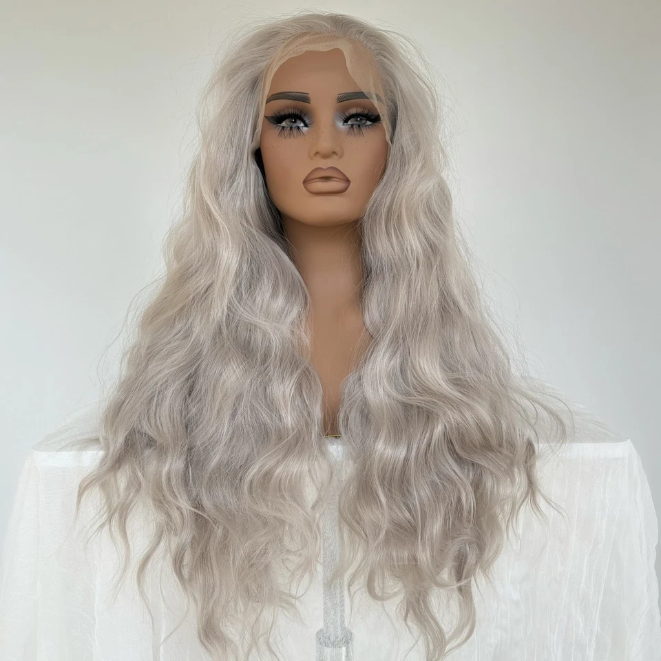 Длинный волнистый натуральный серебристый серый парик с кружевной передней частью многослойные синтетические волосы - Изображение 2 из 4