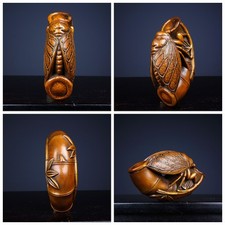 Chinese Natural Boxwood Carved Exquisite Cicada Statue Figurines Lovely Woodwork