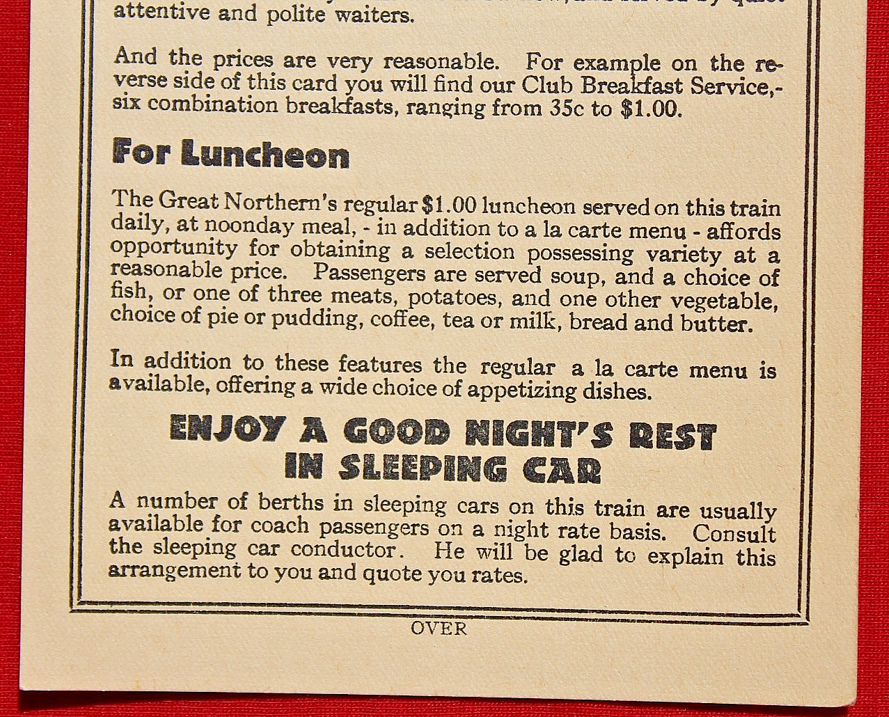 Great Northern Railroad Breakfast Menu Dining & Sleeping Car Railway Advertising