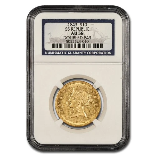 1843 $10 Liberty Gold Eagle AU-58 NGC (SS Republic, Double 843)
