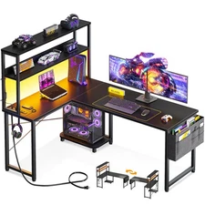 53 Inch L Shaped Desk with LED Lighting, Reversible Gaming Desk with Power Ou...