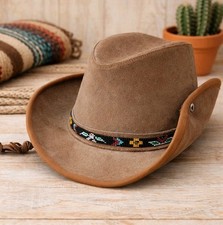 Vintage Suede Leather Western Cowboy Hat Beaded Band Snap Brim Medium 6.5 Fit