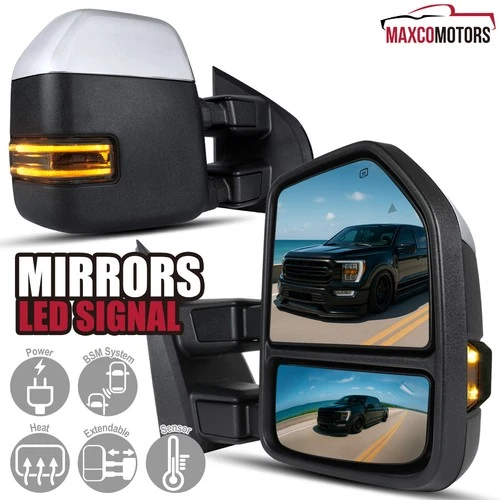 Tow Mirrors Fits 2021-2025 Ford F150 Power Heated Smoke LED Signal+Puddle Light