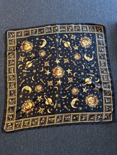 vintage scarf celestial suns, moons, stars, zodiac borders in black and gold