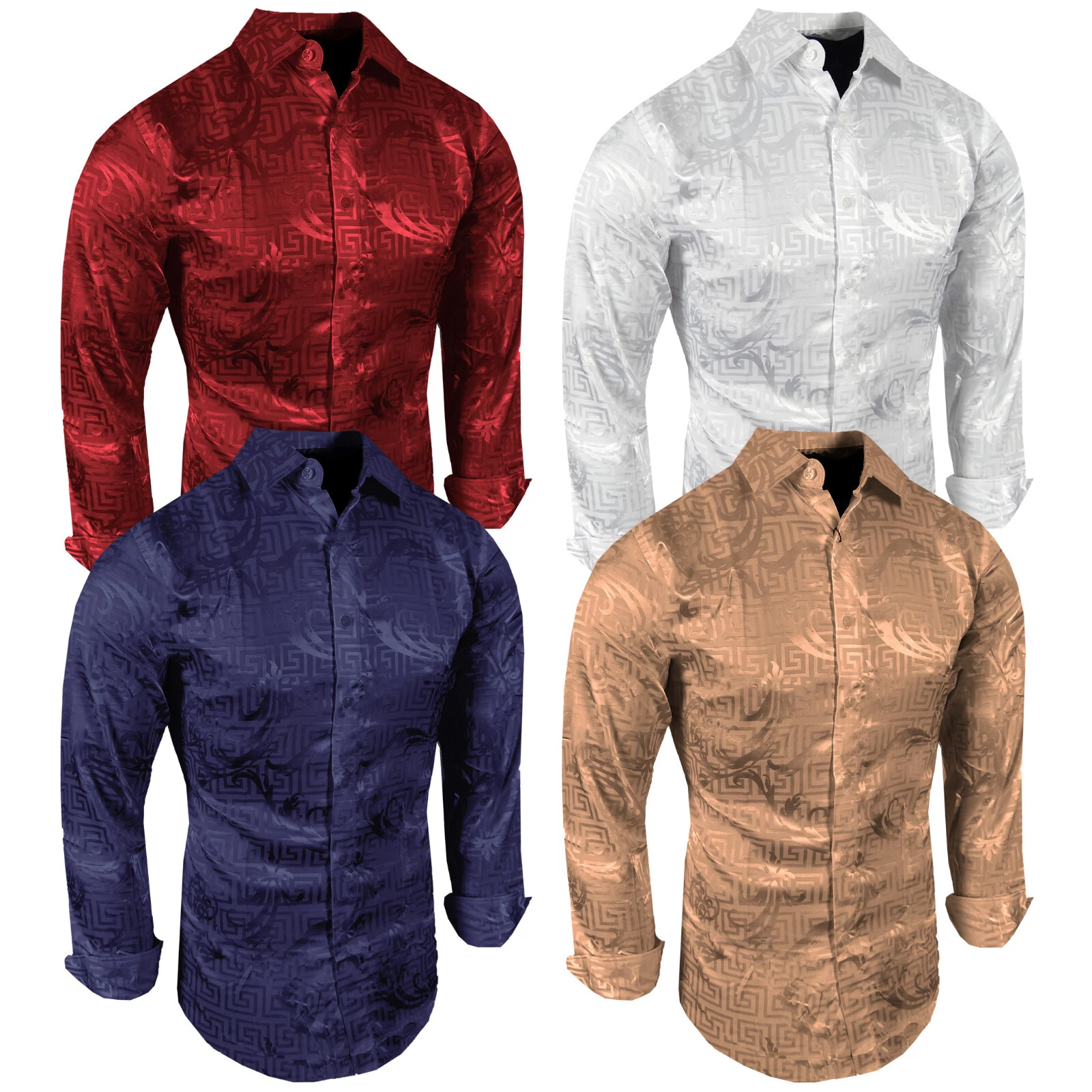 Mens Blue Shirt Designer Stripe Luxury Floral Silky Stretch Slim Fit Button Up