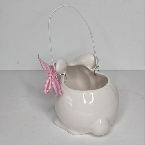 Hallmark White Ceramic Bunny Planter Flower Vase Pink Gingham Plaid Ribbon Bow - Picture 8 of 12
